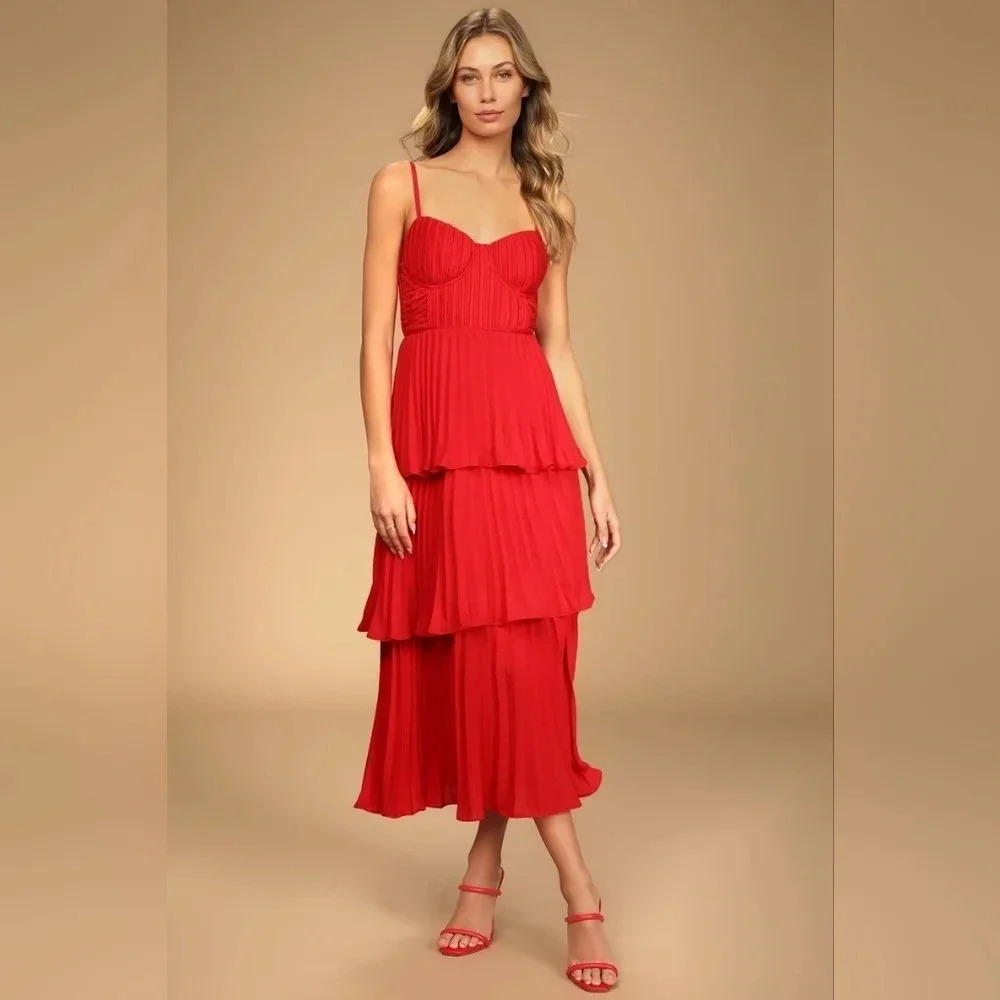 Lulu's Cascading Crush Red Tiered Bustier Midi Dress M Wedding Party Guest